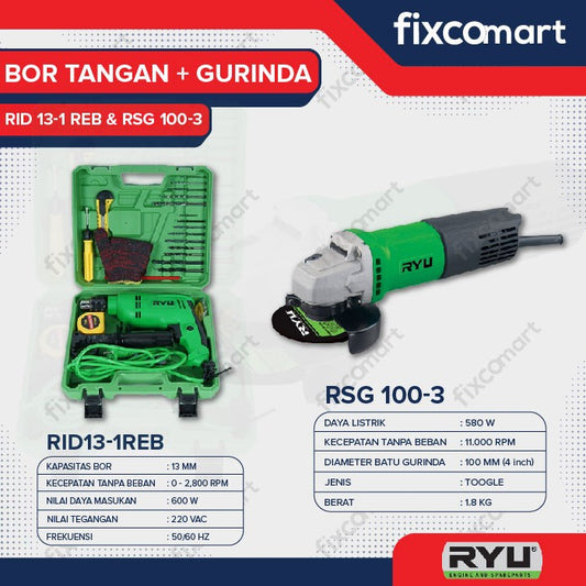 RYU Paket Ryu Mesin Bor Tembok Rid 13-1 Reb 13 Mm Dan Mesin Gurinda Tangan 4 Inch Rsg 100-3