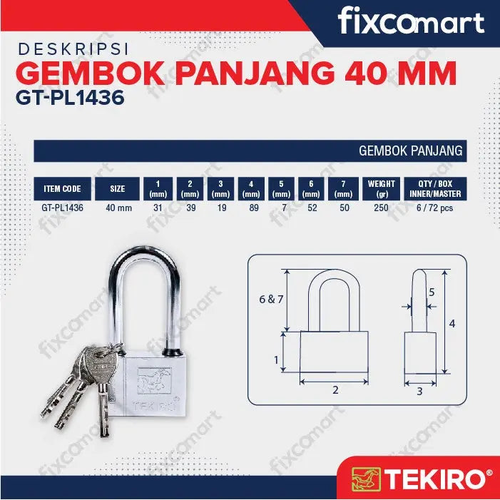 Tekiro Gembok Leher Panjang 40 Mm / Tekiro Padlock Long FIXCOMART
