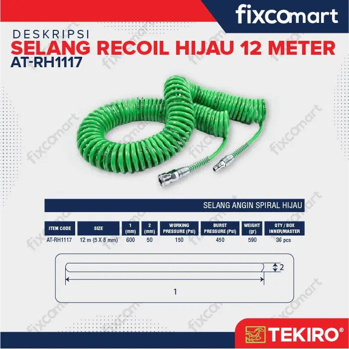 Tekiro Recoil Hose Green 12 m (5X8 mm) / Selang Kompresor FIXCOMART