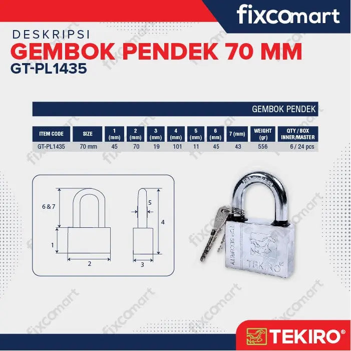 Kunci Gembok Pendek 70 mm / Gembok Tekiro FIXCOMART