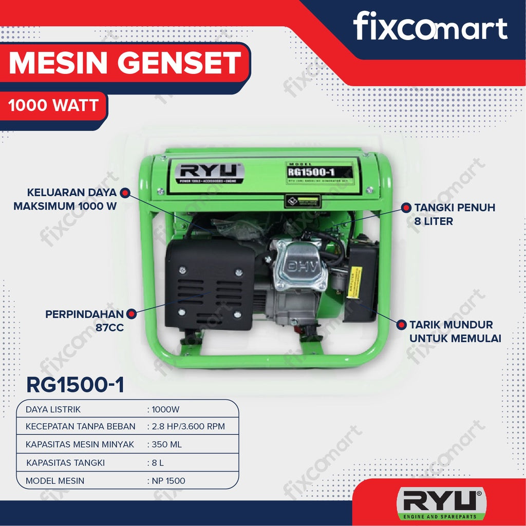 Ryu Generator Set / Mesin Genset 1000 Watt Rg1500-1 / Rg 1500-1