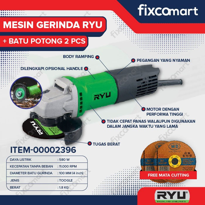 RYU Grinder Rsg 100-3 / Mesin Gerinda Tangan & Gratis 2 Pcs Of Cutting Wheels Batu Potong / Grinda