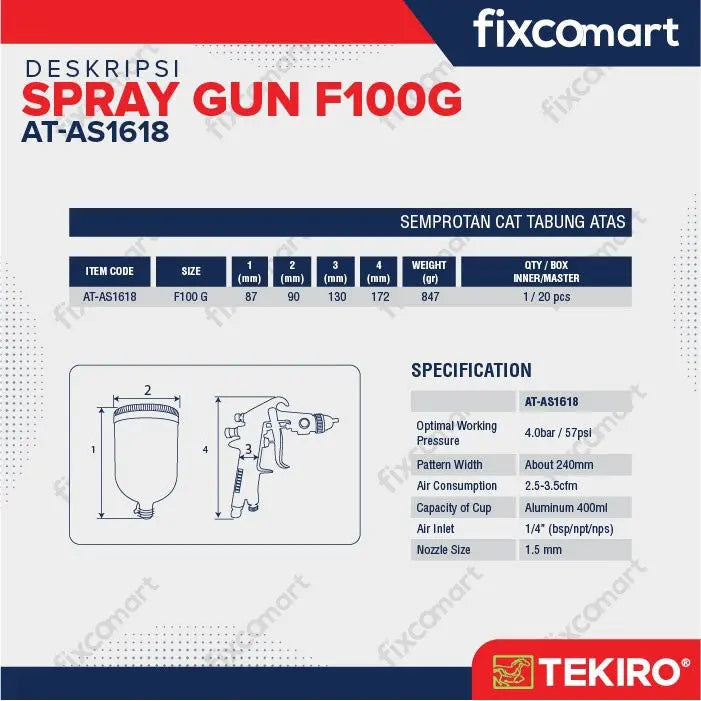 Tekiro Spray Gun F100G / Alat Semprot Cat FIXCOMART
