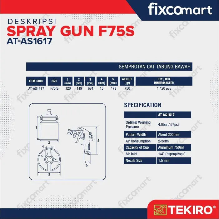 Tekiro Spray Gun F75S / Alat Semprot Cat FIXCOMART