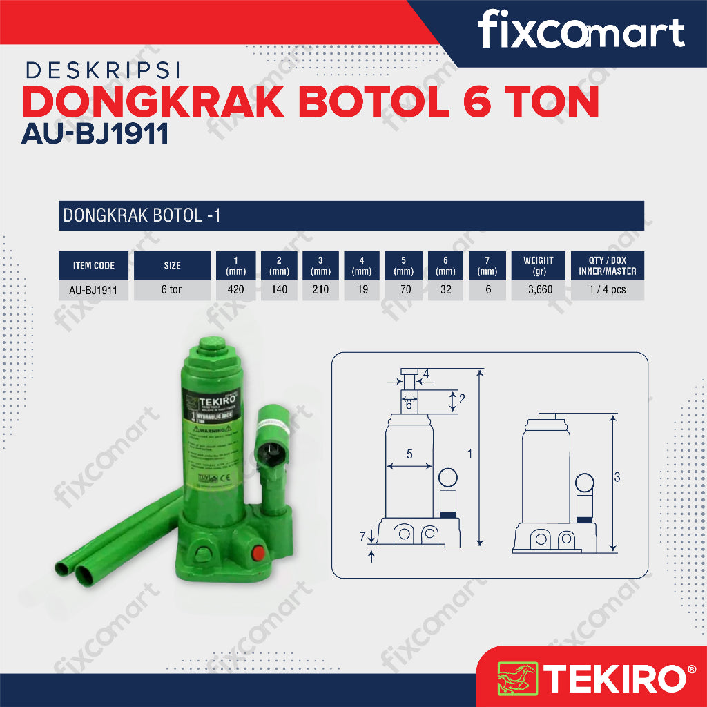 Tekiro Dongkrak Botol 6 Ton / Tekiro Hydraulic Bottle Jack