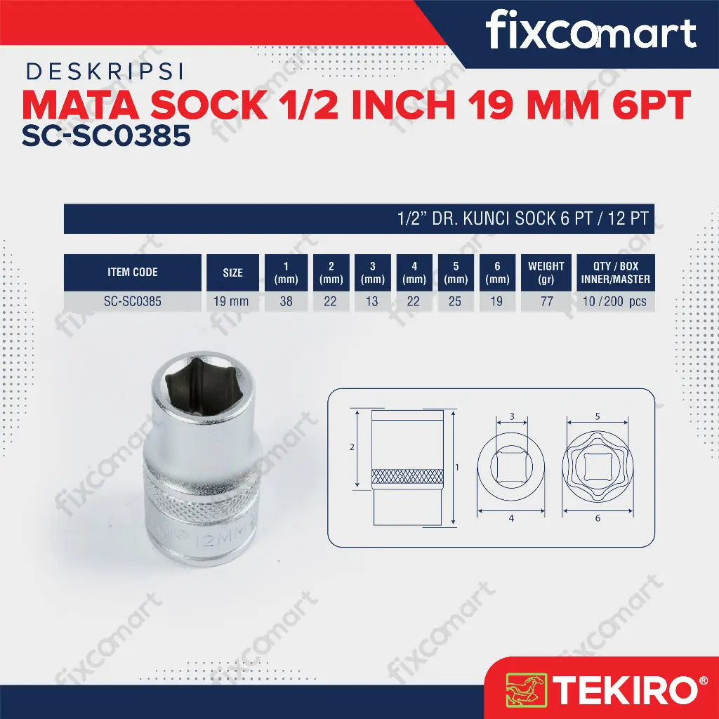 Tekiro Mata Sock 1/2 Inch 19 mm 6PT FIXCOMART