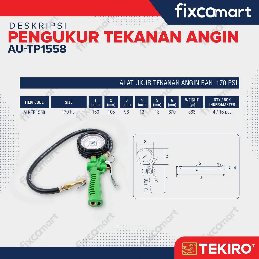 Tekiro Tire Pressure Gauge Pengukur Tekanan Angin 170 PSI FIXCOMART