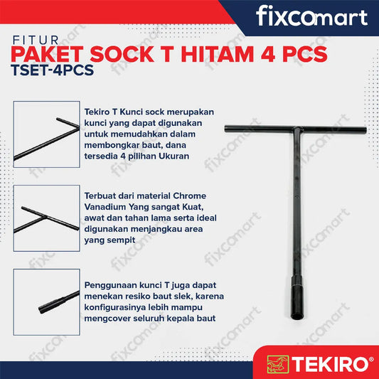 TEKIRO Fixcomart - Tekiro Paket Kunci Sock T Hitam (8-10-12-14 Mm) / Tekiro Kunci T Set 4 Pcs FIXCOMART