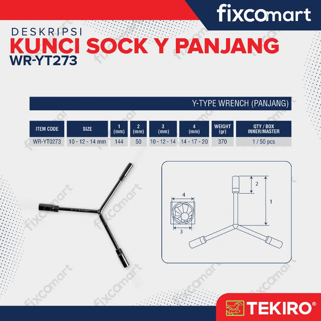Tekiro Kunci Sock Y Panjang 10-12-14 mm FIXCOMART