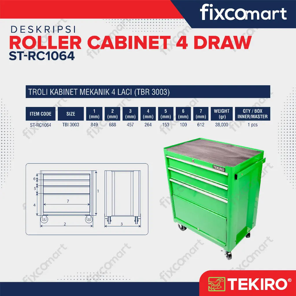 Tekiro Roller Cabinet 4 Draw / Kontak Penyimpanan Perkakas FIXCOMART
