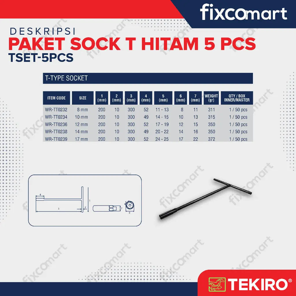 Tekiro Paket Kunci Sock T Hitam (8-10-12-14-17 Mm) / Tekiro Kunci T Set 5 Pcs FIXCOMART