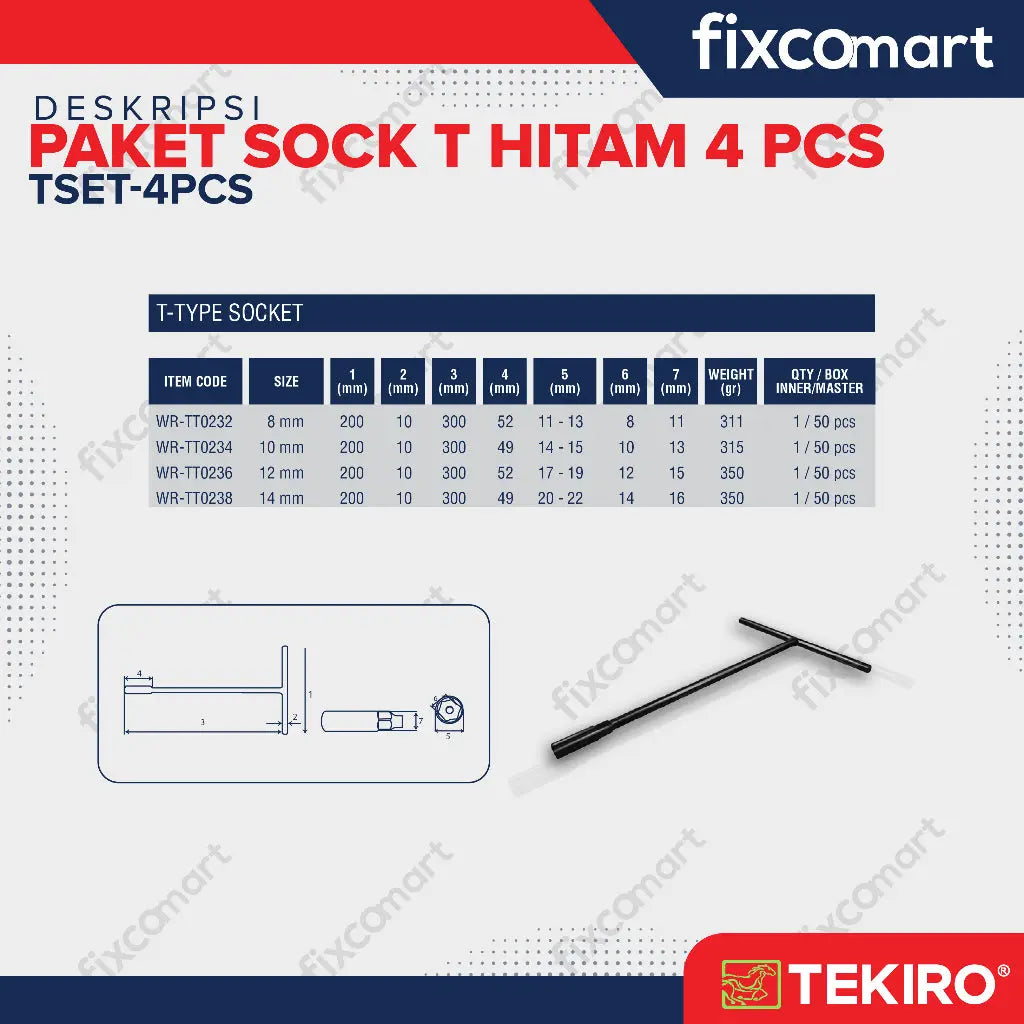 TEKIRO Fixcomart - Tekiro Paket Kunci Sock T Hitam (8-10-12-14 Mm) / Tekiro Kunci T Set 4 Pcs FIXCOMART
