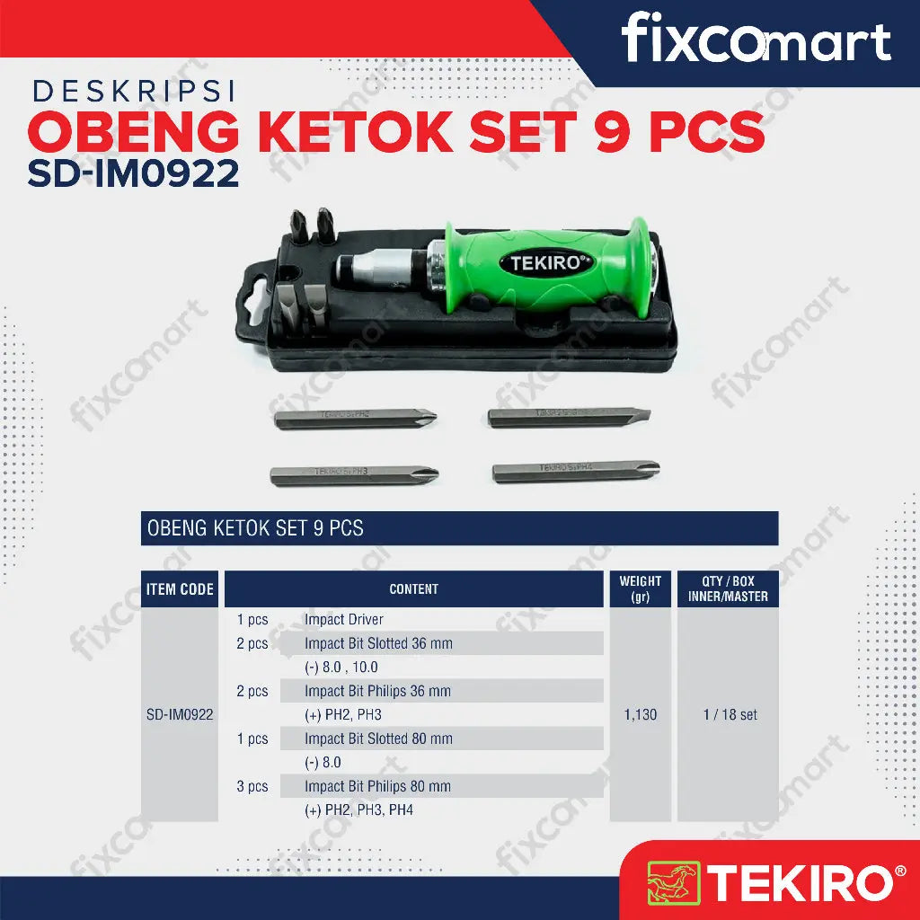 Tekiro Impact Driver / Obeng Ketok Set 9 Pcs FIXCOMART