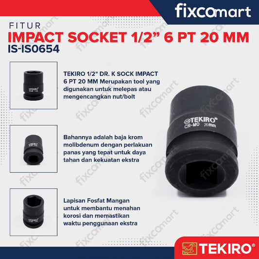 Tekiro Impact Socket 1/2 inch 6 PT 20 mm / mata sock impact