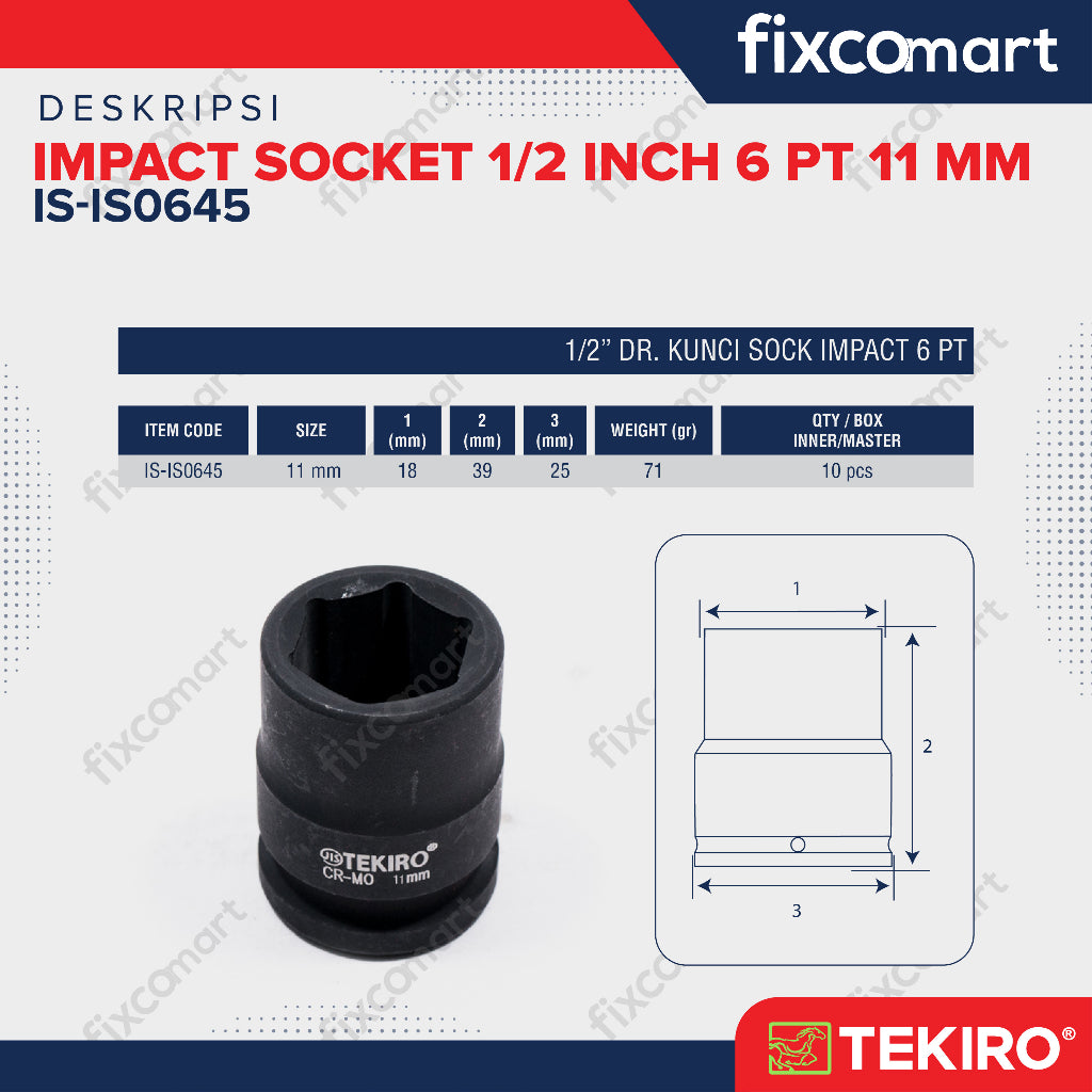 Tekiro Impact Socket 1/2 inch 6 PT 11 mm / mata sock impact