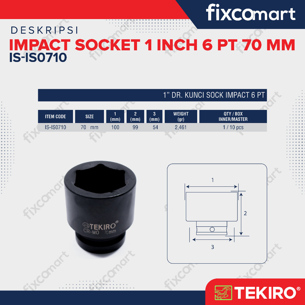 Tekiro Impact Socket 1 inch 6 PT 70 mm / mata sock impact
