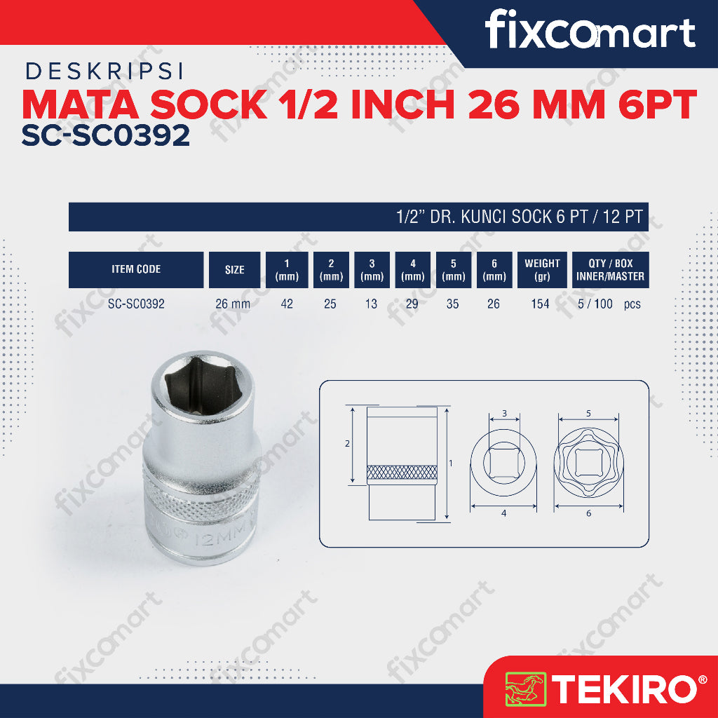 Tekiro Mata Sock 1/2 Inch 26 mm 6PT