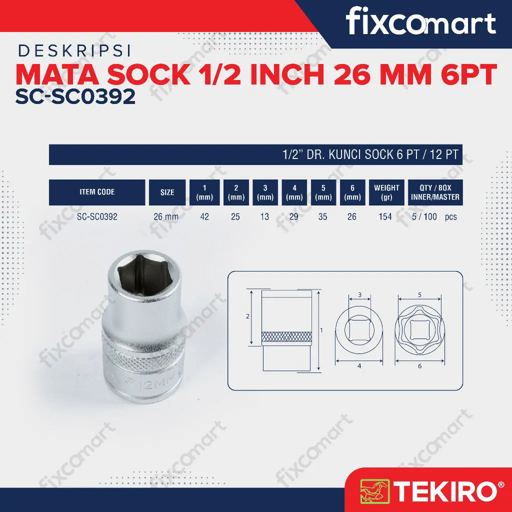 Tekiro Mata Sock 1/2 Inch 26 mm 6PT FIXCOMART
