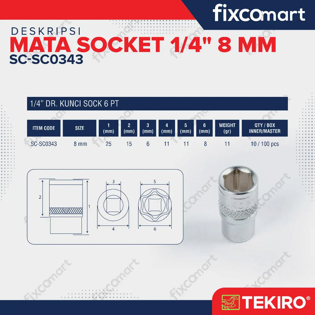 Tekiro Socket 1/4 8 mm Mata Socket 1/4 Inch FIXCOMART