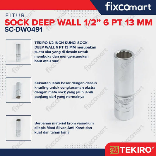TEKIRO Sock Deep Wall / Mata Sock Panjang 1/2 Inch 6 PT - 13 mm FIXCOMART