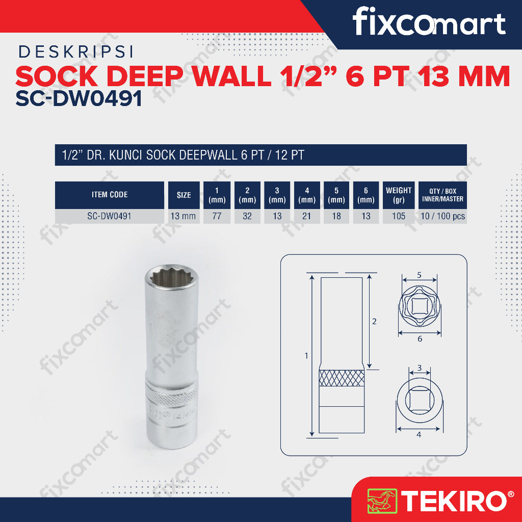TEKIRO Sock Deep Wall / Mata Sock Panjang 1/2 Inch 6 PT - 13 mm