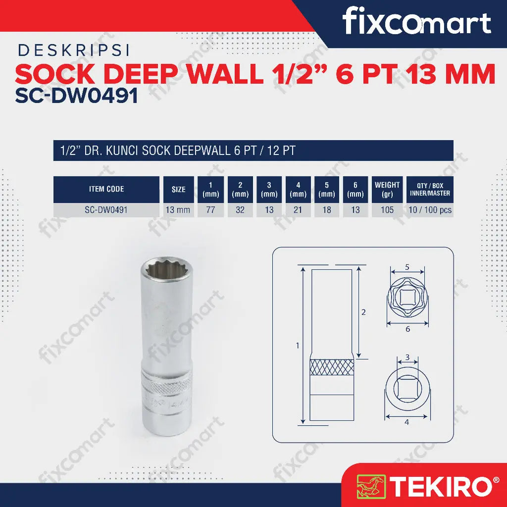 TEKIRO Sock Deep Wall / Mata Sock Panjang 1/2 Inch 6 PT - 13 mm FIXCOMART