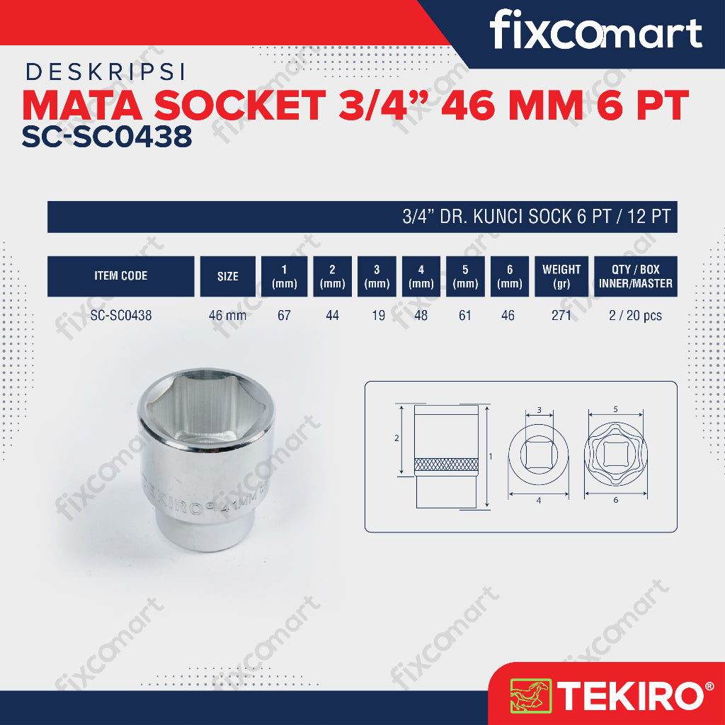Tekiro Socket 3/4 inch 46 mm 6 PT / Mata Sock 3/4 Inch