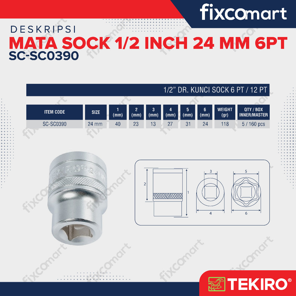 Tekiro Mata Sock 1/2 Inch 24 mm 6PT