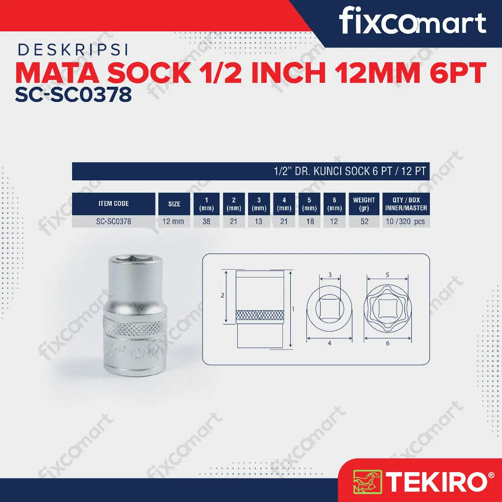 Tekiro Mata Sock 1/2" 12 mm 6PT FIXCOMART