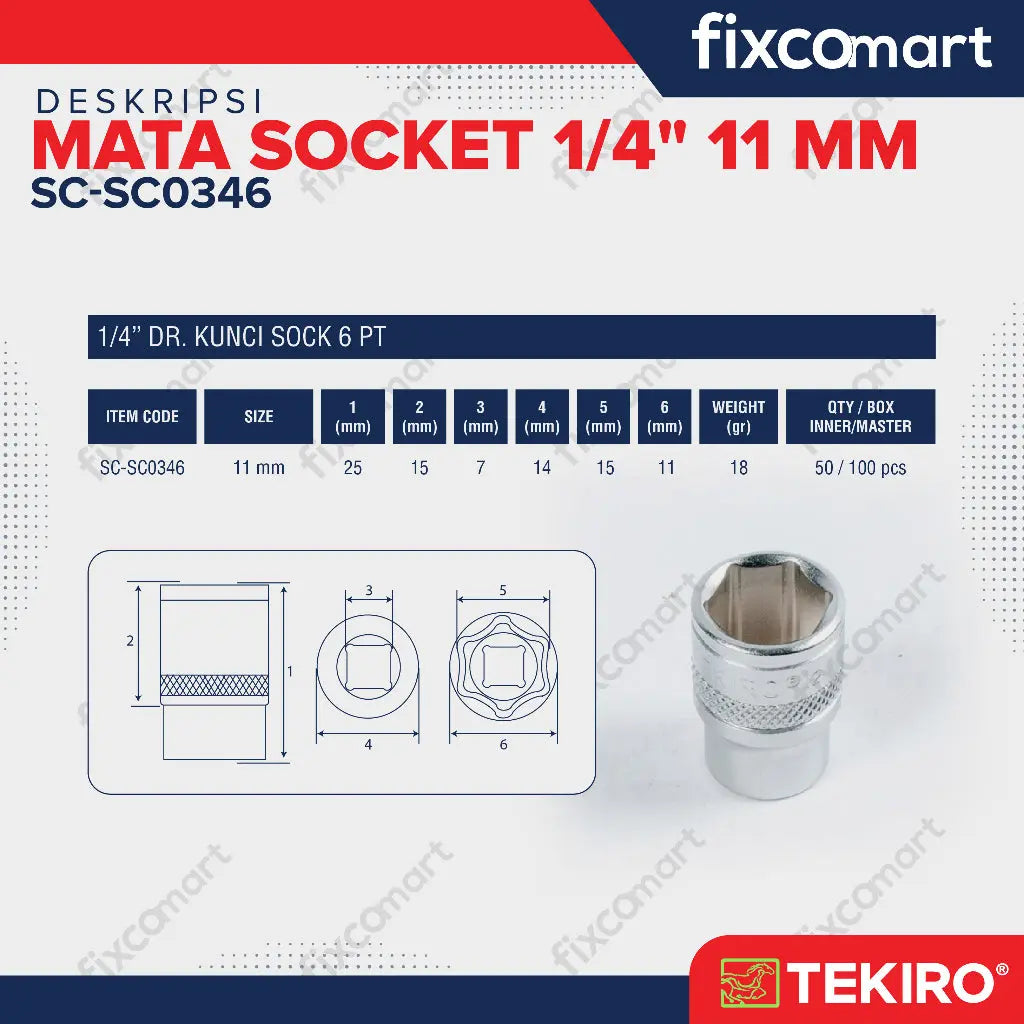 Tekiro Socket 1/4" 11 mm / Mata Socket 1/4 Inch FIXCOMART