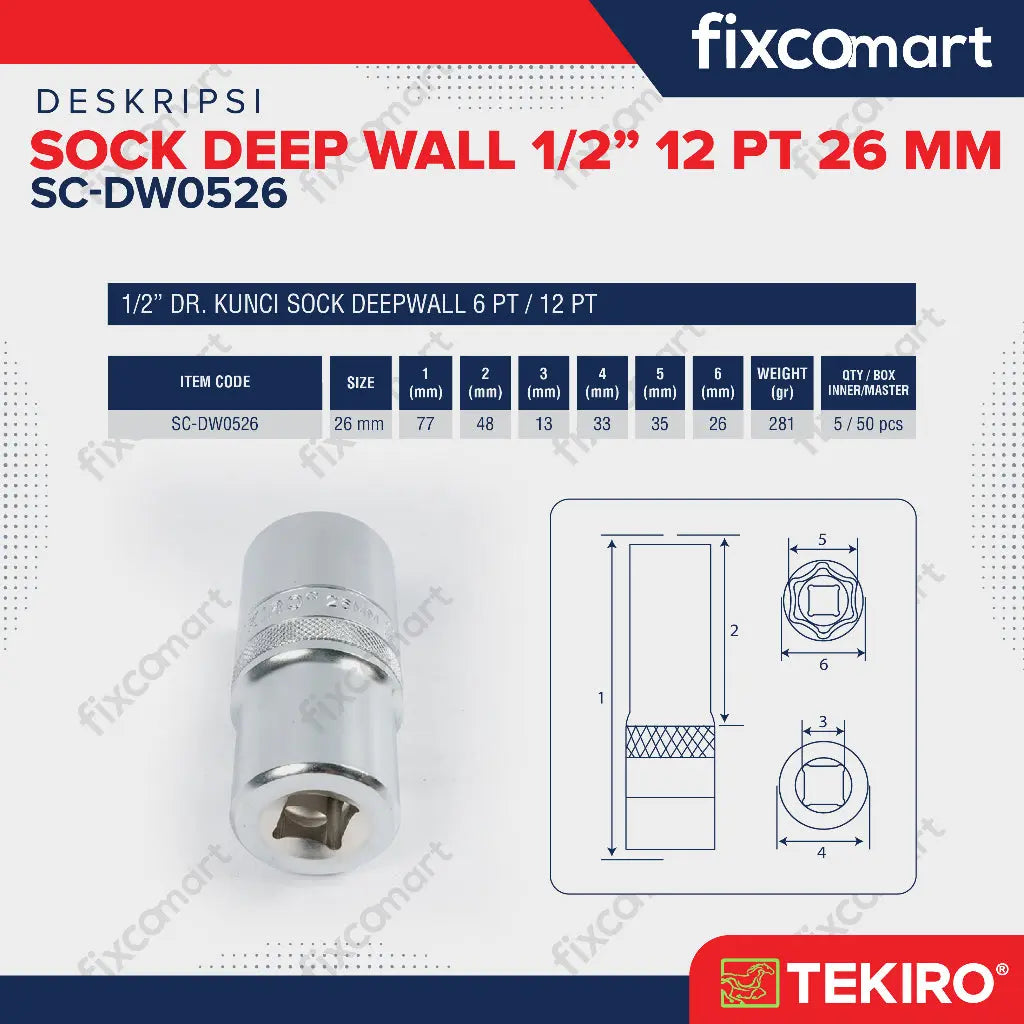 Tekiro Mata Sock Deep Wall 1/2 Inch 12PT 26 mm FIXCOMART