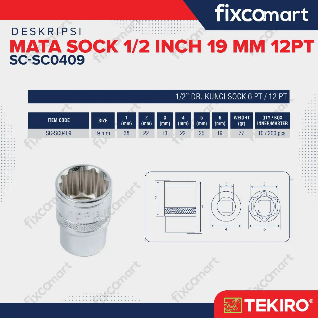 Tekiro Mata Sock 1/2 Inch 19 mm 12 PT / Tekiro Mata Socket FIXCOMART