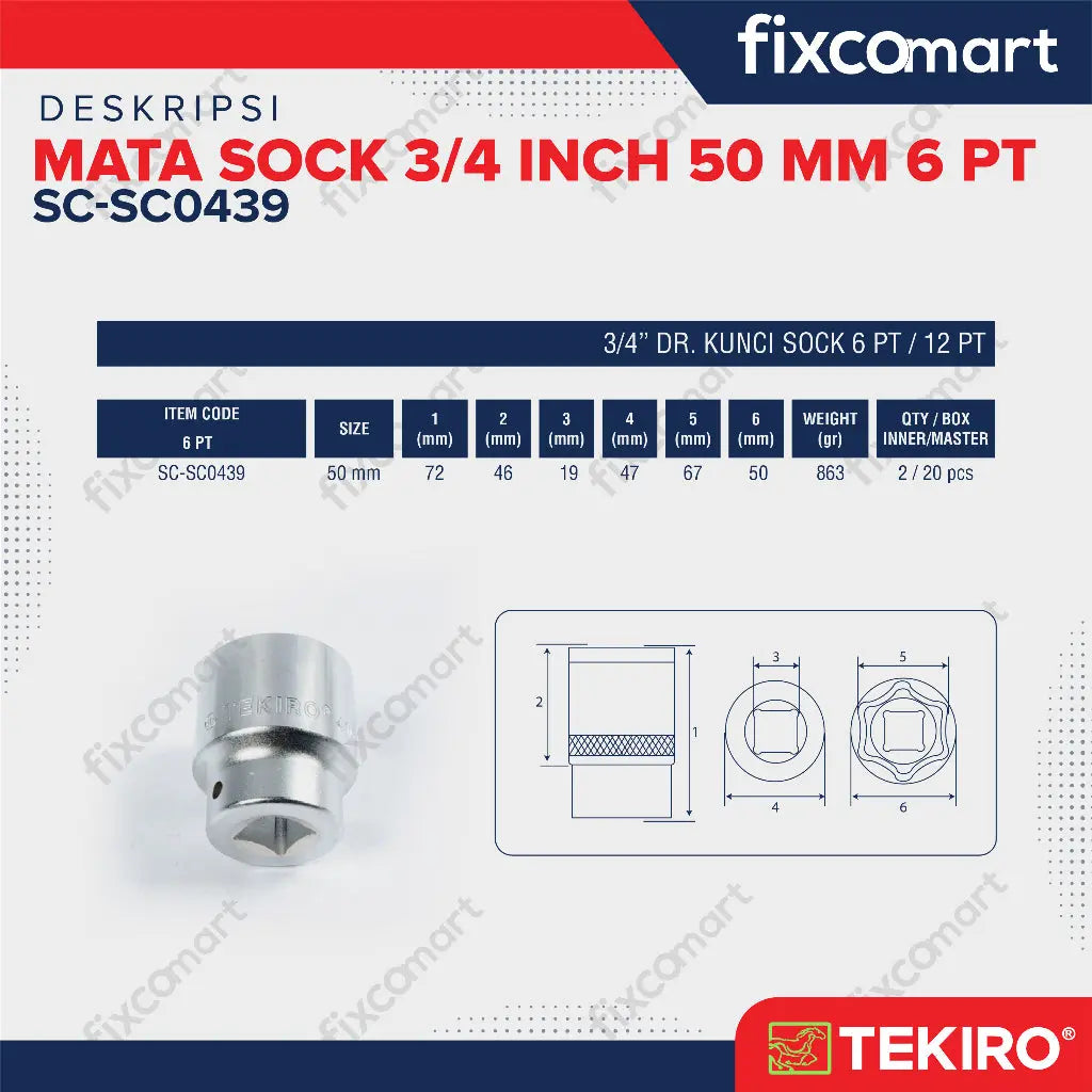 Tekiro Socket 3/4 inch 50 mm 6 PT / Mata Sock 3/4 Inch FIXCOMART