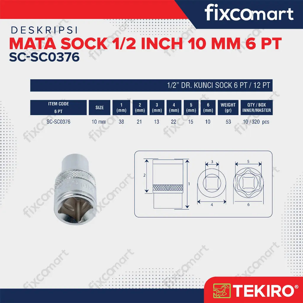 Tekiro Mata Sock 1/2" 10 mm 6PT FIXCOMART