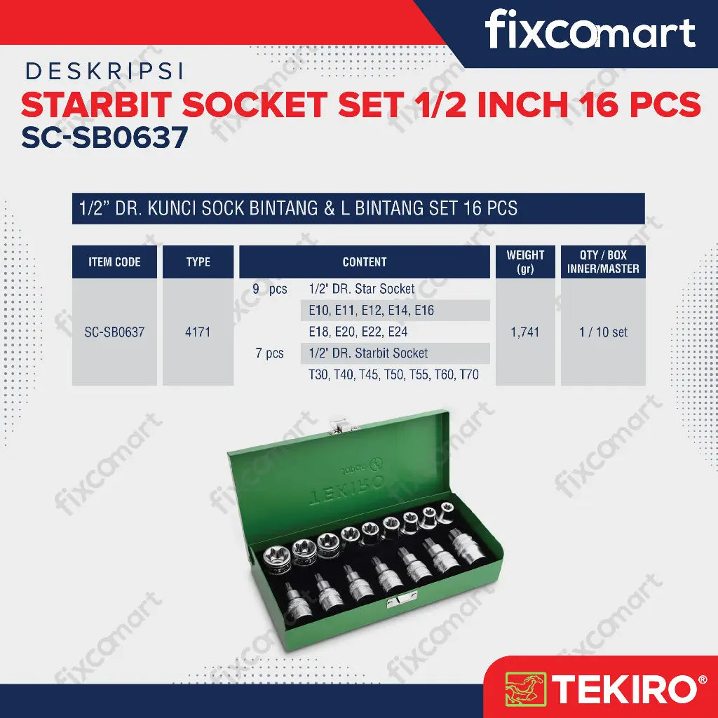 Tekiro Starbit Socket Set 1/2 Inch 16 Pcs FIXCOMART