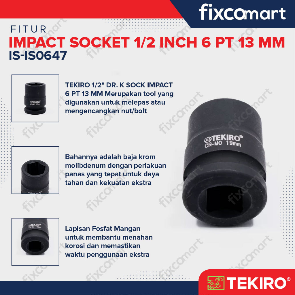 Tekiro Impact Socket 1/2 inch 6 PT 13 mm / mata sock impact