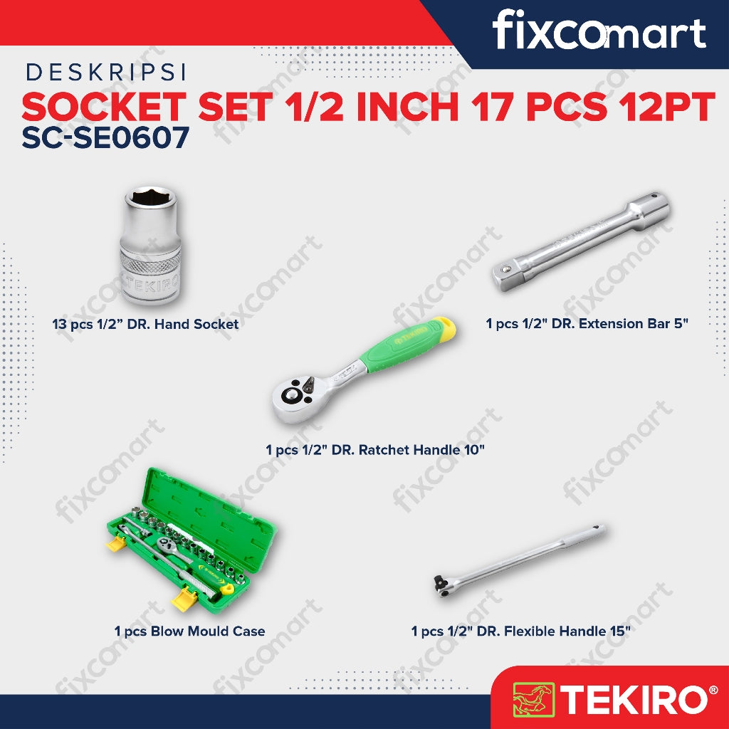 Tekiro Socket Set 17 Pcs 1/2 Inch (8-24 Mm) 12Pt Box Plastik / Tekiro Kunci Sock Set
