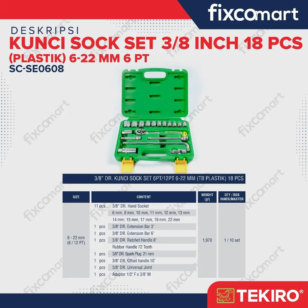 Tekiro Socket Set 18 Pcs 3/8 Inch (6-22 Mm) 6Pt Box Plastik / Tekiro Kunci Sock Set FIXCOMART