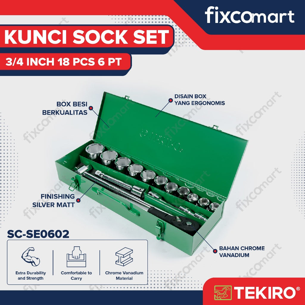 Tekiro Socket Set 3/4 inch 18 Pcs 19-50 mm 6PT Box Kaleng