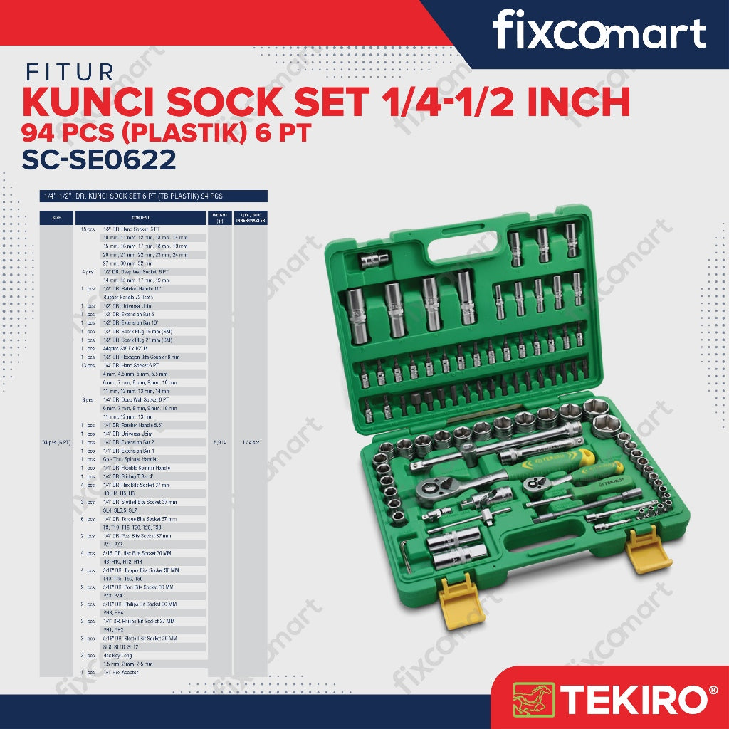 Tekiro Socket Set 1/4-1/2 Inch 94 Pcs 6PT / Tekiro Sock Set 94 Pcs