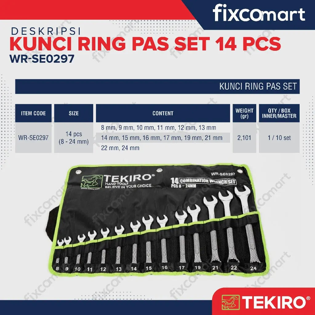 Tekiro Combination Wrench Set / Kunci Ring Pas Set 14 Pcs (8-24 Mm) FIXCOMART
