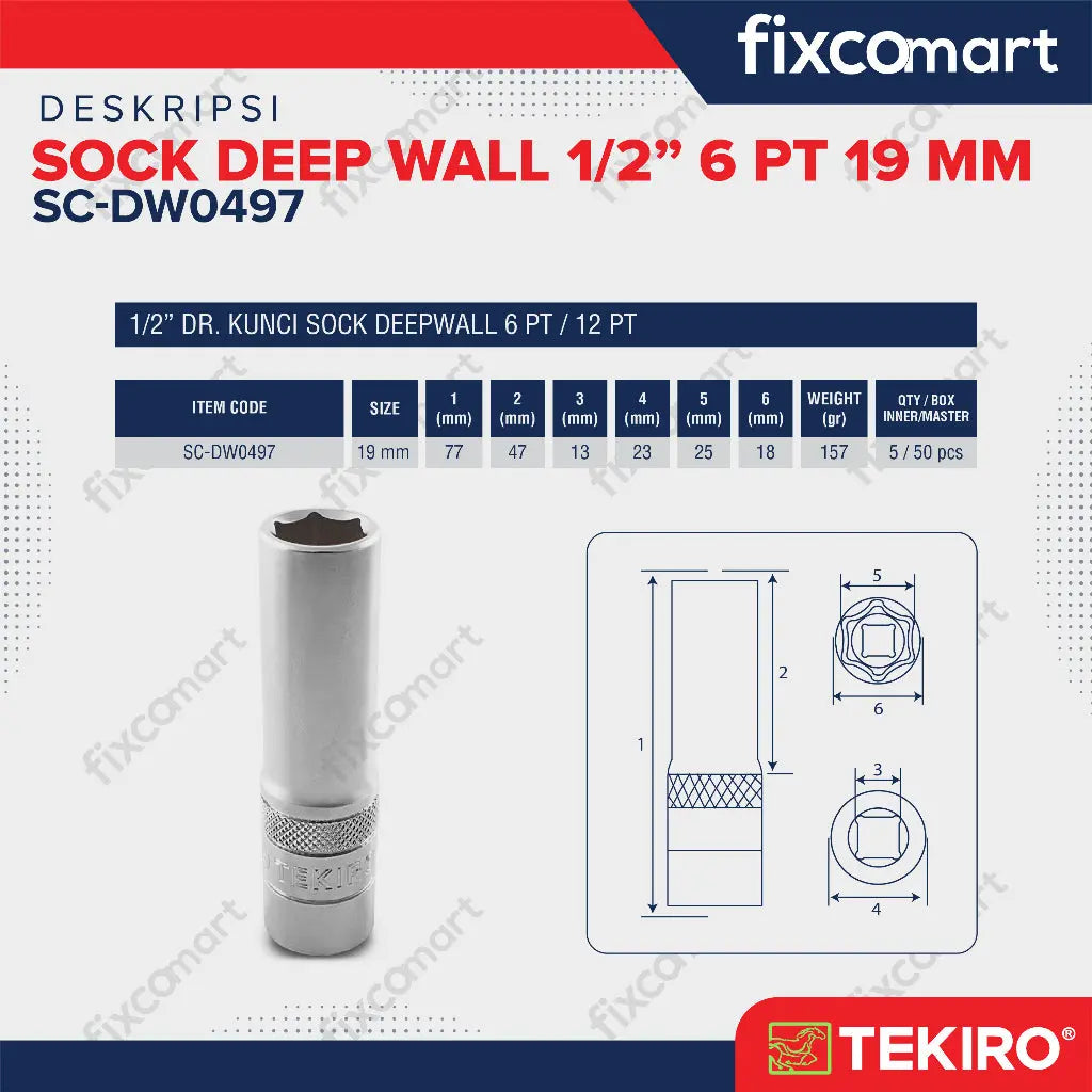 Tekiro Mata Sock Deep Wall 1/2 Inch 6PT 19 mm FIXCOMART