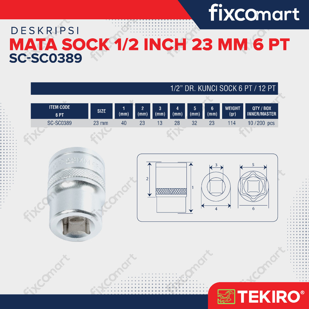 TEKIRO Mata Sock 1/2 inch 6PT (23 mm)