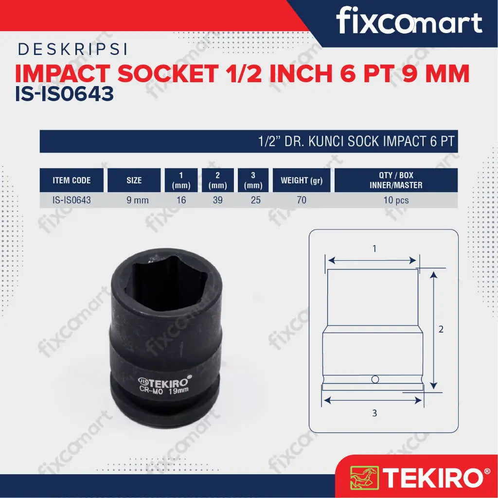 Tekiro Impact Socket 1/2 inch 6 PT 9 mm / mata sock impact FIXCOMART