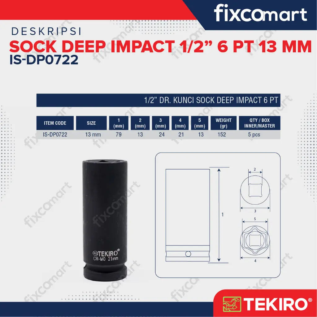 TEKIRO Mata Sock Deep Impact 1/2 inch DR 6 PT 13 mm FIXCOMART
