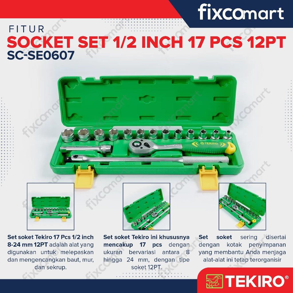 Tekiro Socket Set 17 Pcs 1/2 Inch (8-24 Mm) 12Pt Box Plastik / Tekiro Kunci Sock Set