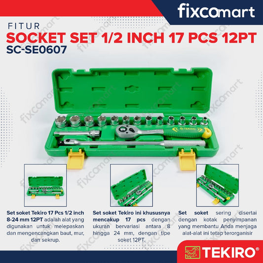 Tekiro Socket Set 17 Pcs 1/2 Inch (8-24 Mm) 12Pt Box Plastik / Tekiro Kunci Sock Set