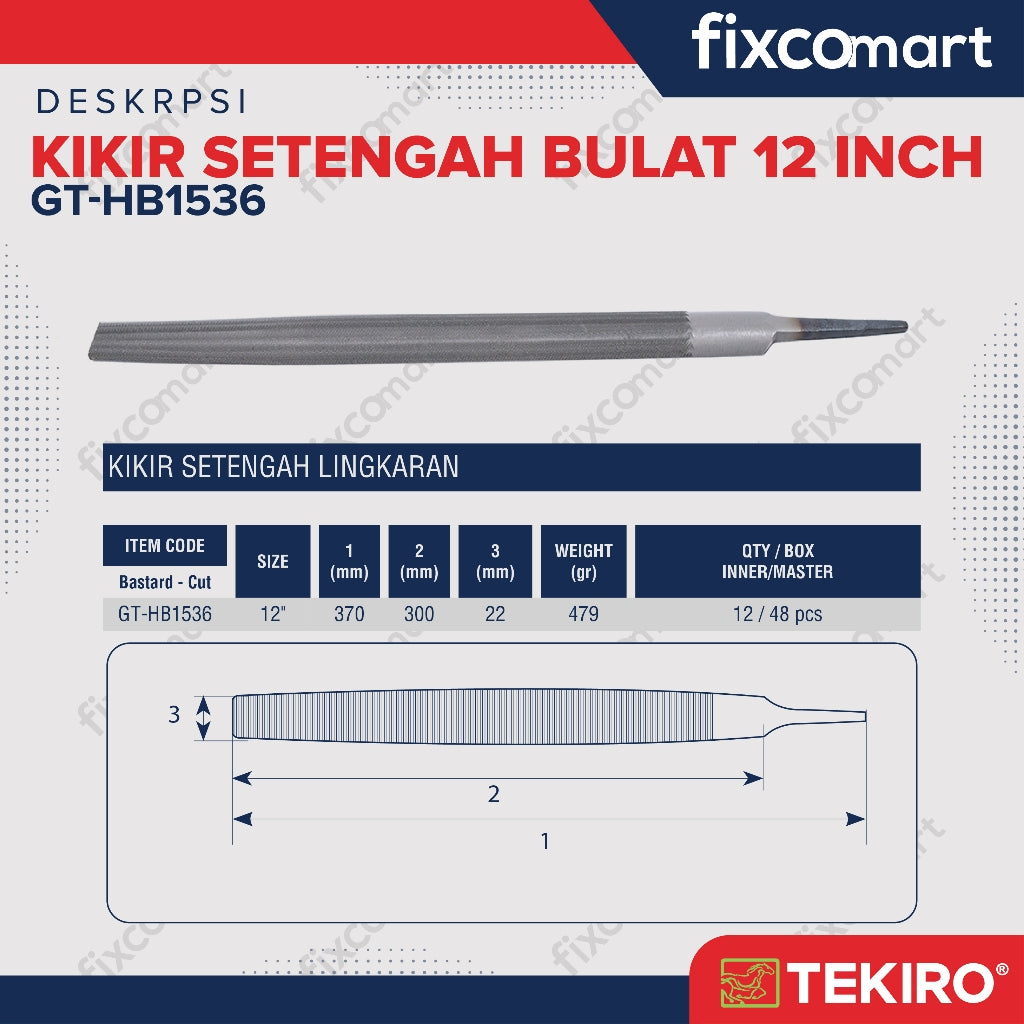 Tekiro Kikir Setengah Bulat Tipe Kasar 12 Inch / Kikir Kasar