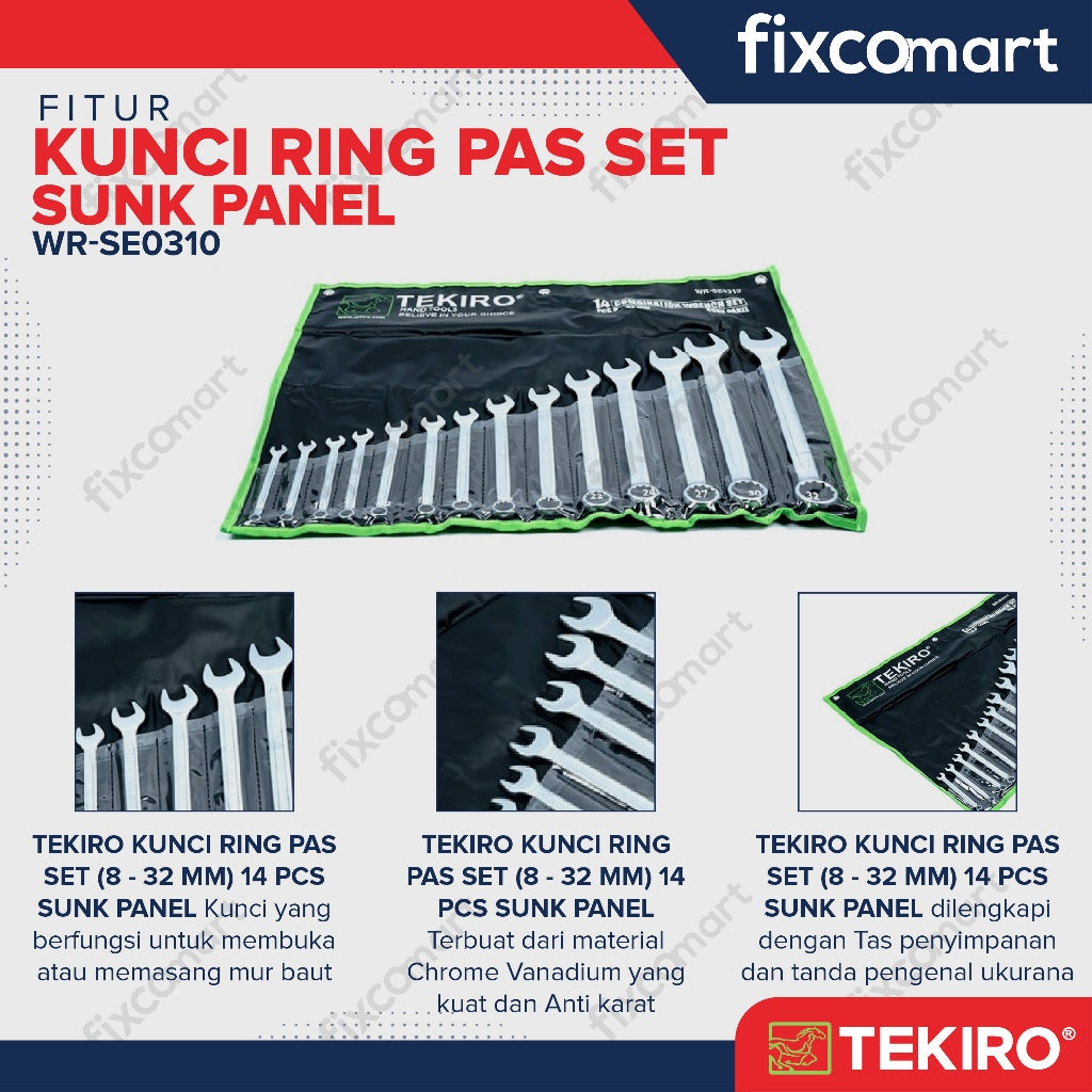 Tekiro Combination Wrench Set / Kunci Ring Pas Set 14 Pcs (8-32 Mm) Sunk Panel