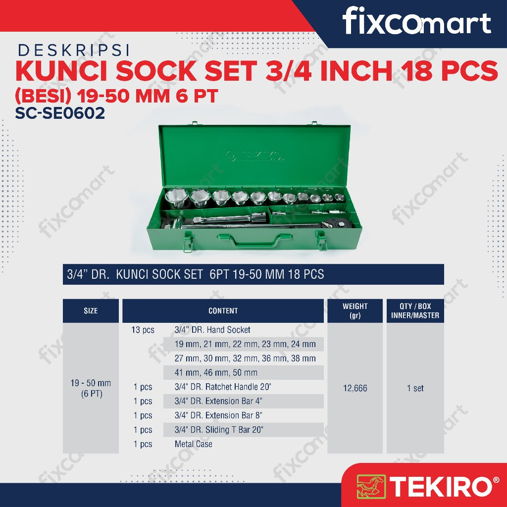 Tekiro Socket Set 3/4 inch 18 Pcs 19-50 mm 6PT Box Kaleng